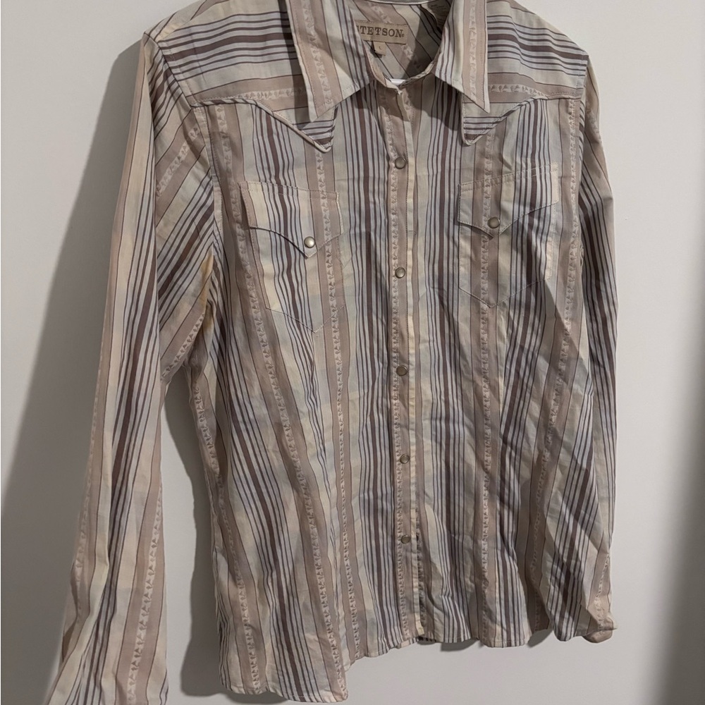 Stetson Women’s 100% Cotton Beige and Gray Striped Button Down Shirt